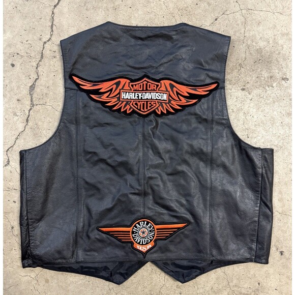 VINTAGE FMC MOTORCYCLE LEATHER VEST SZ 3XL (54) HARLEY DAVIDSON PATCHES, PINS - Picture 1 of 16